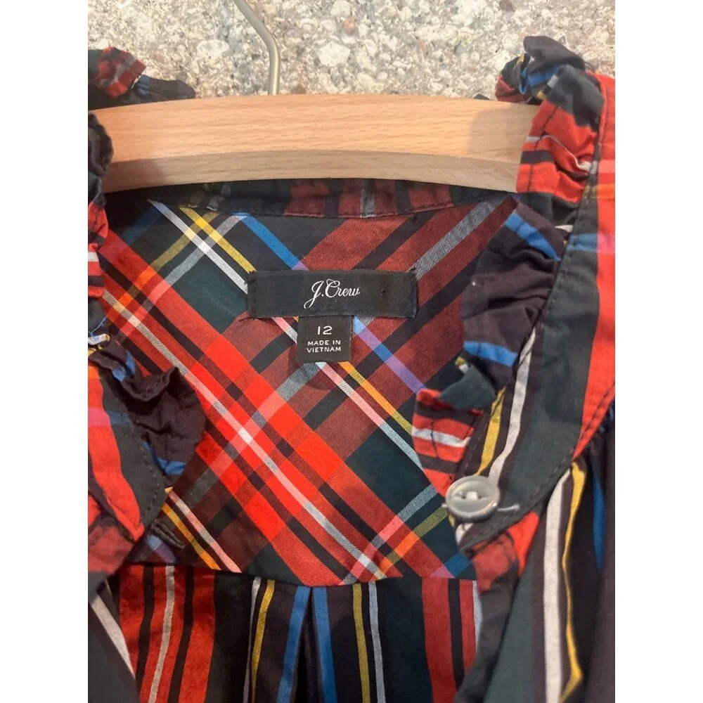 J.Crew Plaid Sleeveless Ruffle Neck Blouse In Vibrant Multicolor Tartan Pattern - Picture 2 of 5